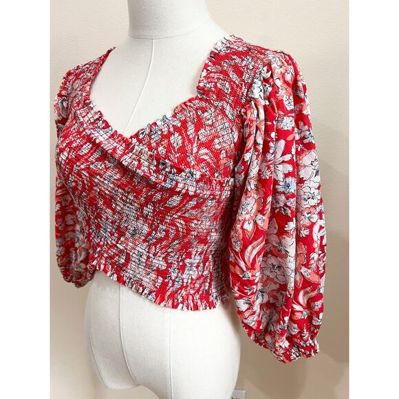 Free People East West Smocked Red Criss Cross Top Small Red Floral Bell Sleeve - Picture 4 of 8